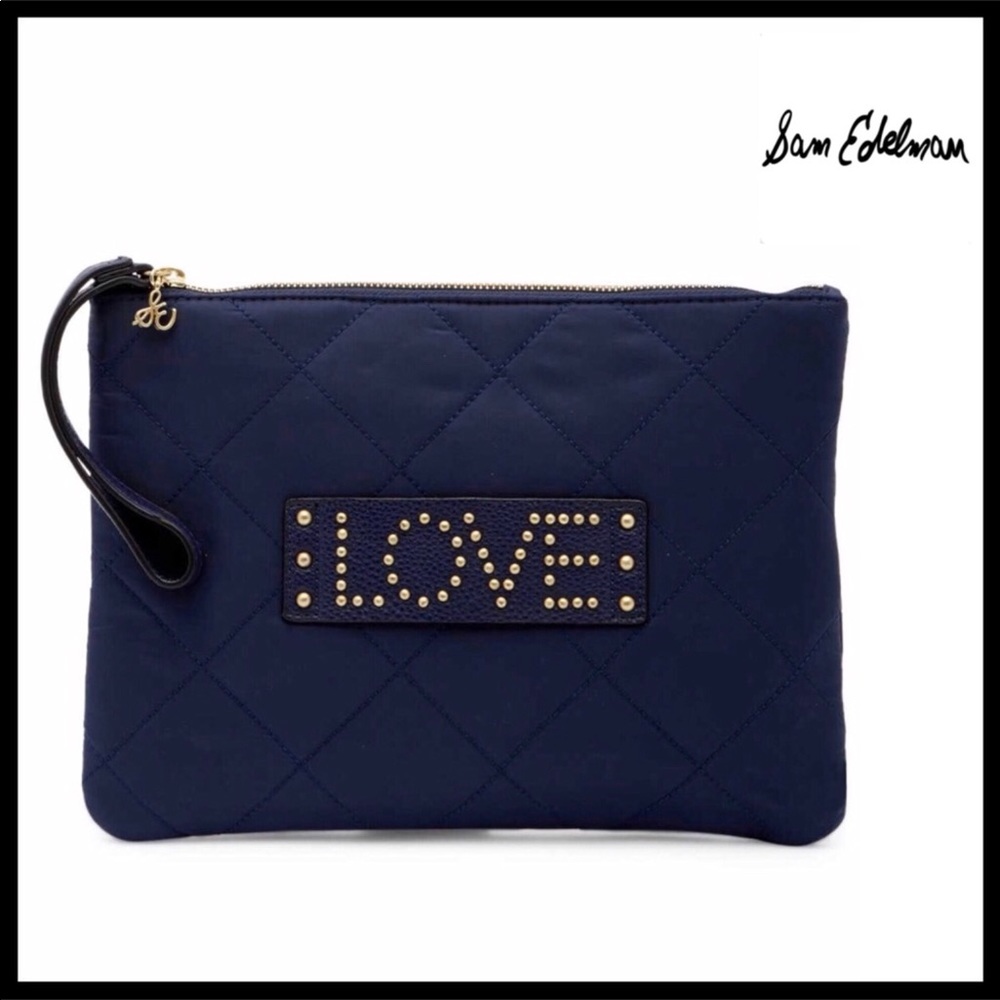 SAM EDELMAN CLUTCH OVERSIZED WRISTLET EMBELLISHED LOVE METAL STUDS - Picture 1 of 8